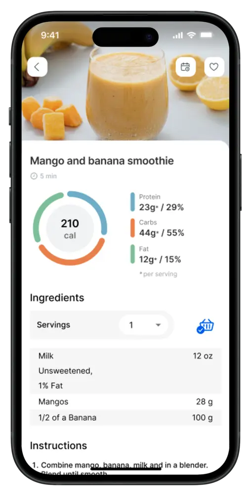 Recipe with calories and macros in the coaching app