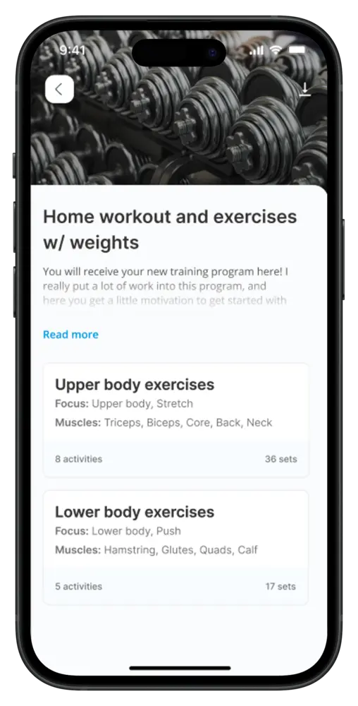 Training programme in the coaching app