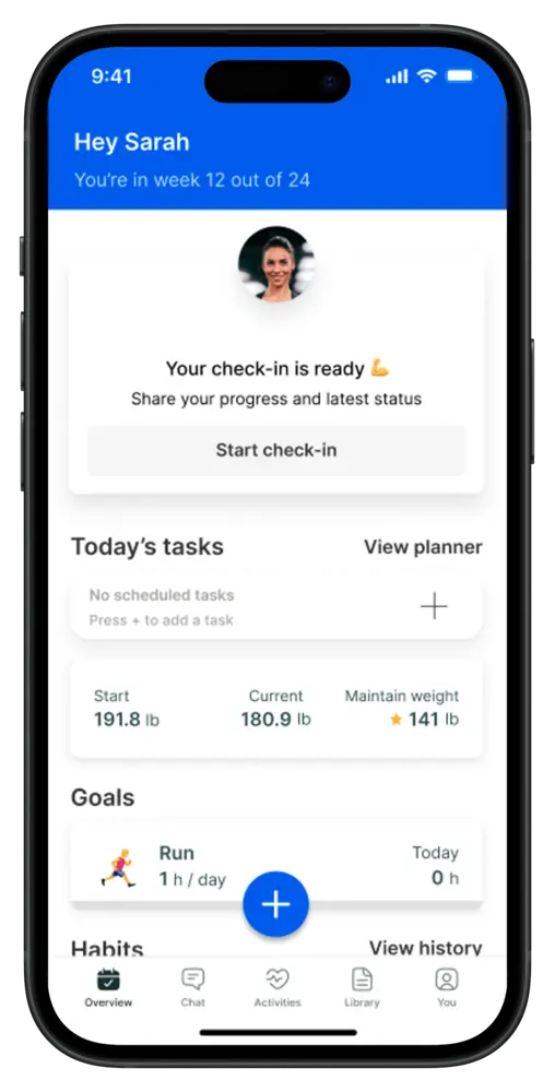 Check-in and progress overview in the coaching app